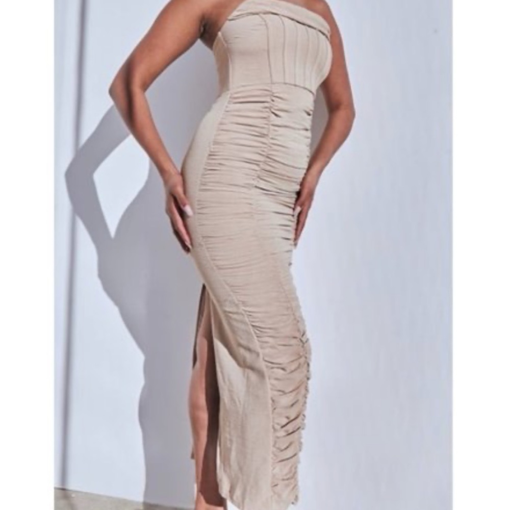 Stone Bandeau Cowl Detail Ruched Midaxi Dress